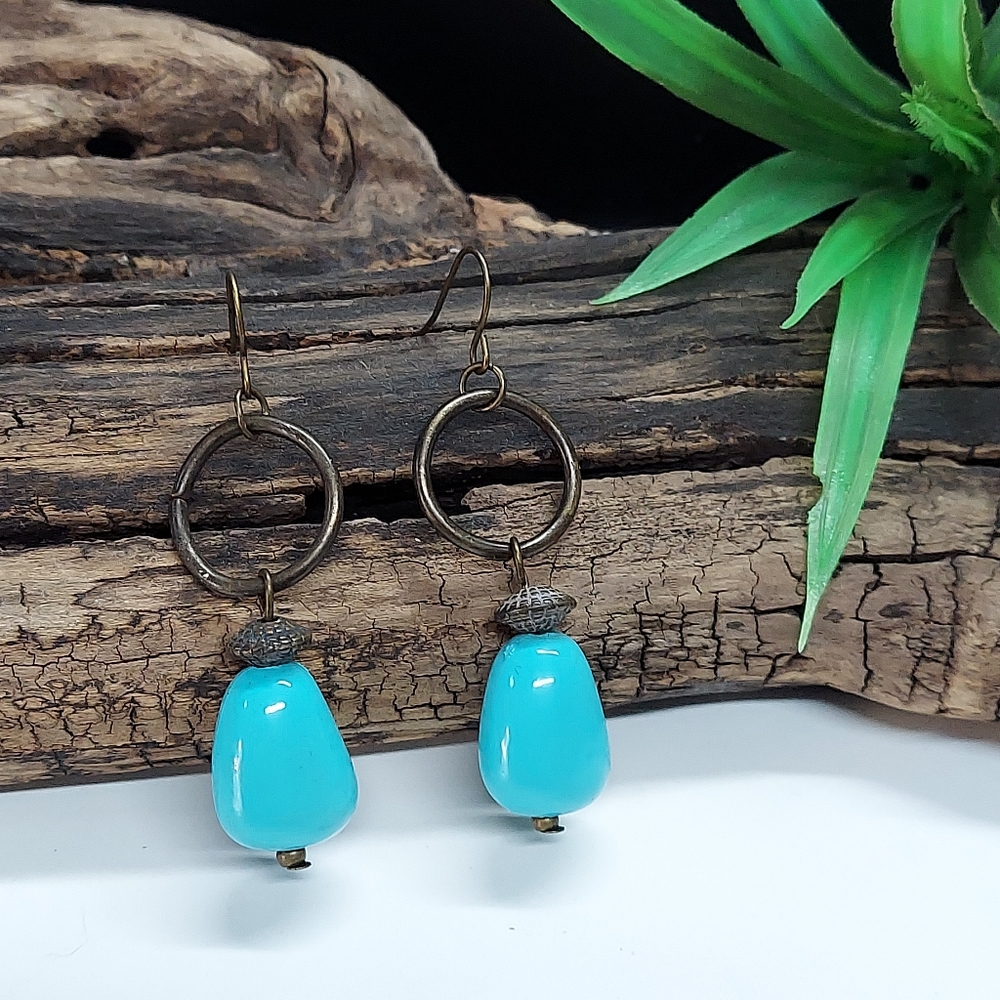 E1118 Antiqued Brass Turquoise Colored Beaded Drop Earrings